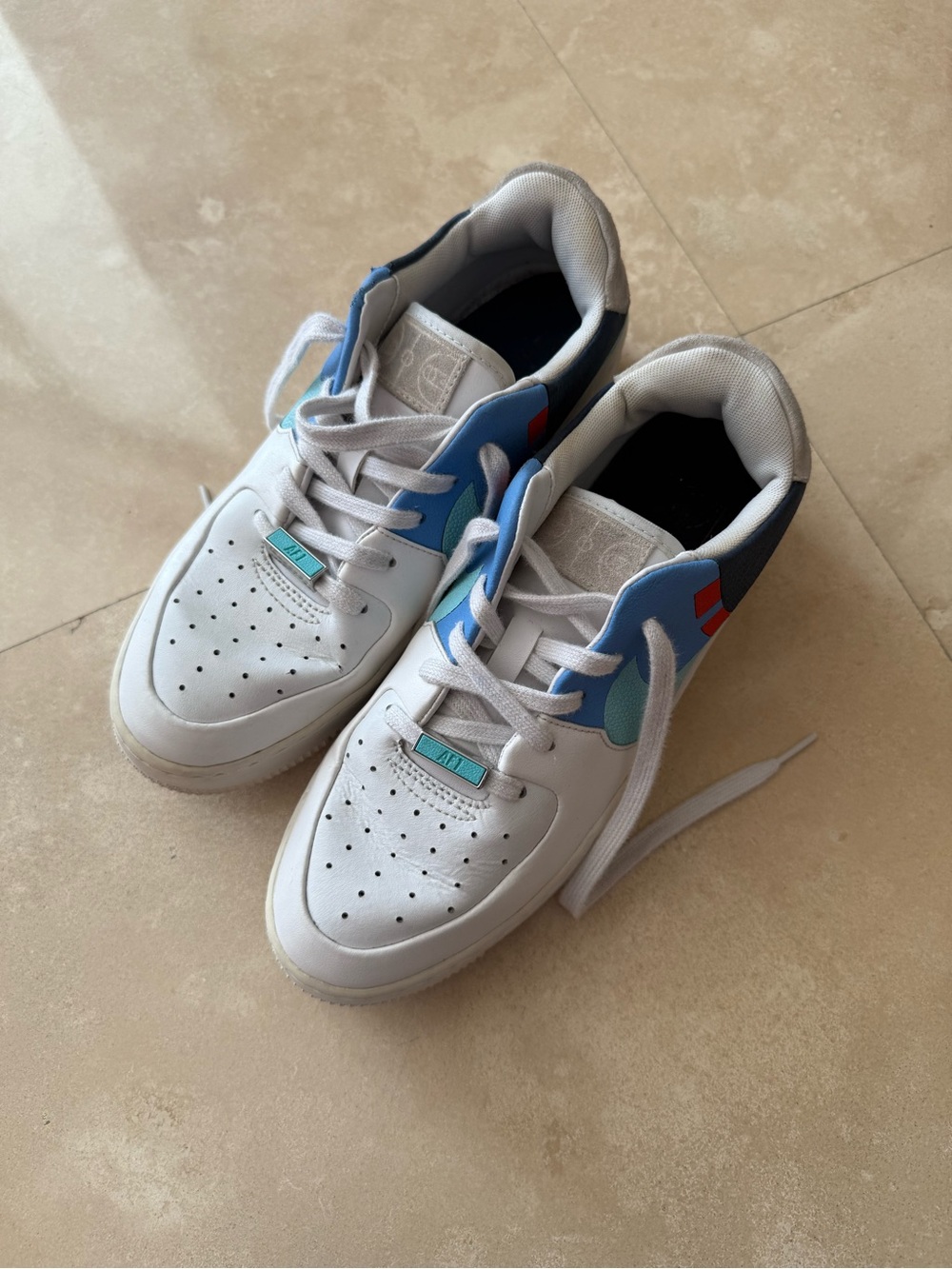Women's White Low-Top Sneakers with Light Blue and Navy Accents